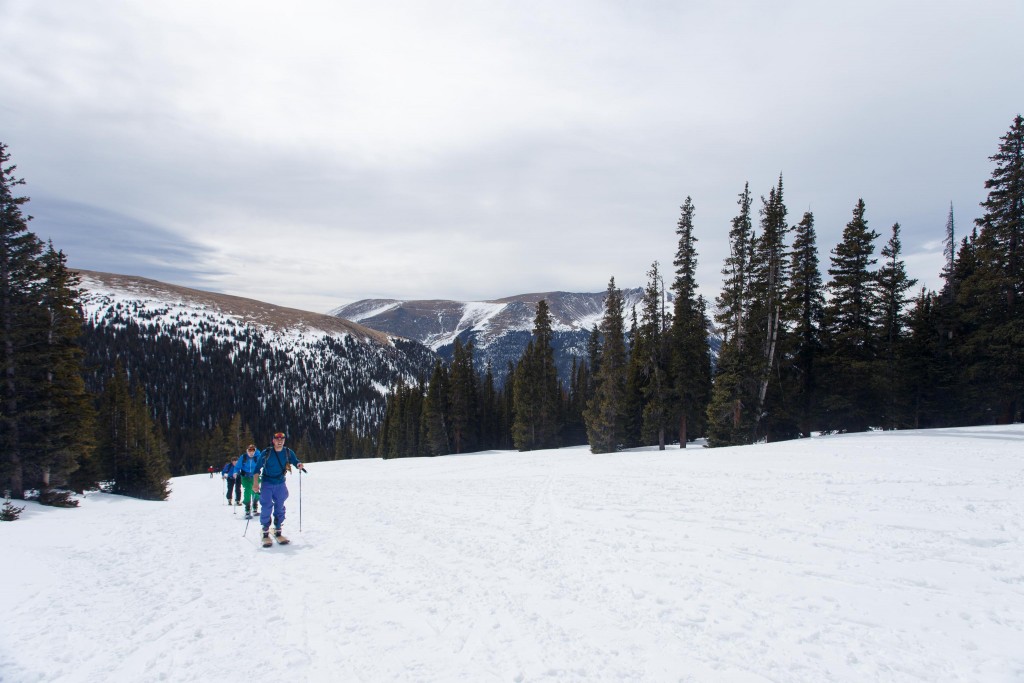 Skiers skinning up the Pass