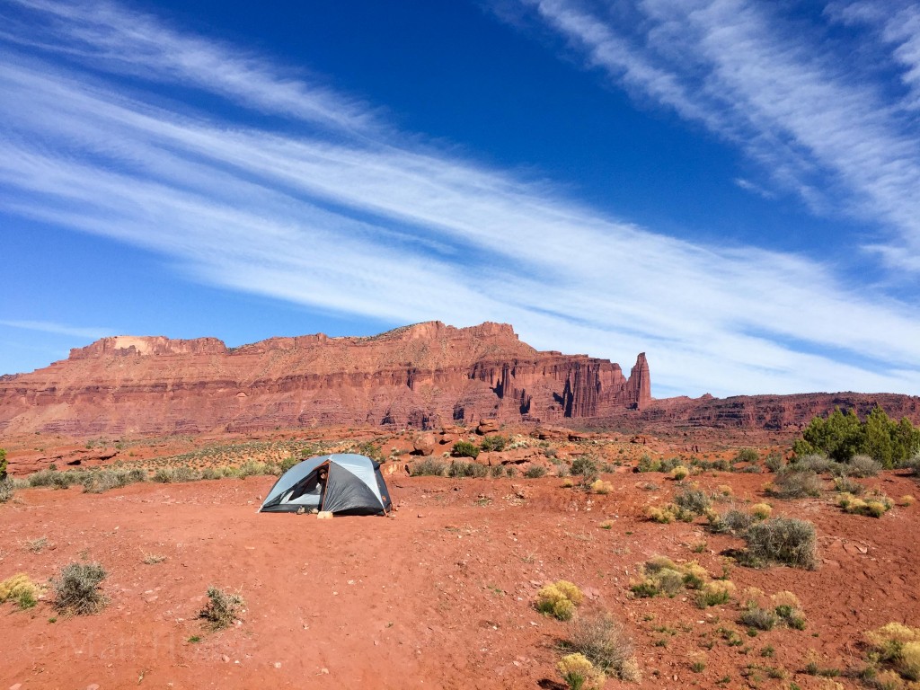 Camp with the Fisher Towers in the back
